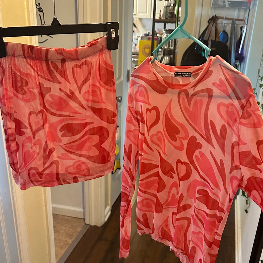 Sheer Pink Heart Print Top and Skirt Set